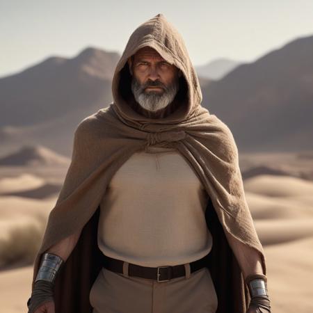 Muscular man stands tall, features short brown and grey hair, accompanied by a brown and grey beard, adorned in a beige sweater, brown trousers, metal bracers, with a tattered old brown cloak and hood billowing around him, set against a backdrop of a scorching desert planet, aesthetic in a dramatic lighting, ultra realistic, 8k, cinematic.