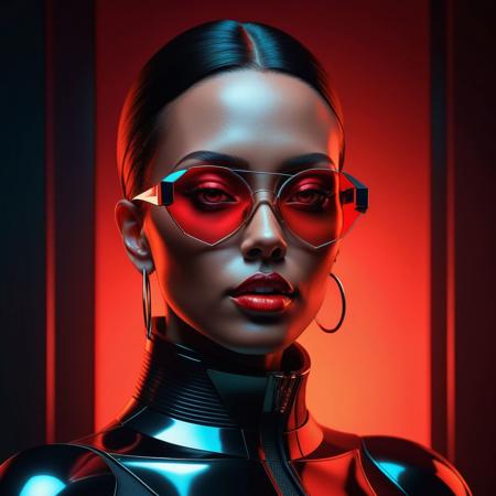 Ultra realistic color pencil  image of
Create a highly stylized, futuristic portrait featuring a confident woman with bold makeup and red-tinted sunglasses. She has an air of authority and elegance. The background is a solid, intense red, creating a striking contrast with her smooth, illuminated skin. The lighting is dramatic, highlighting her facial features and casting subtle shadows. She wears hoop earrings and a high-neck outfit, exuding a sense of fashion-forward, cyberpunk aesthetics. The overall style is modern, with a vivid color palette and a focus on strong, geometric shapes and clean lines.
BREAK
Dark theme, dynamic lighting, (soft shadows), (soft focus), (photo realistic), uhd, 8k
