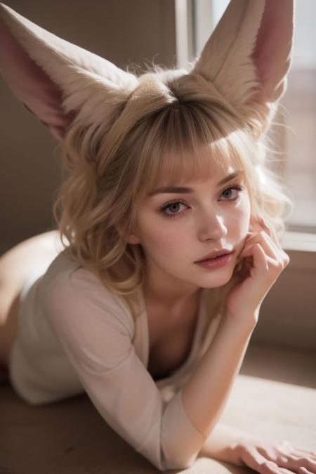 girl, laying, crawling, brunette, albino, eyes close-up, looking up, portrait, white loose summer dress, selfie, big hair, long messy white wavy hair, huge very long silky fennec ears, animal ear fluff, fox tail, depth of field, big eyes with long white eyelashes, white eyebrows, round rich pig parted lips, strong freckles, curious, outside, sun from the side, rim light