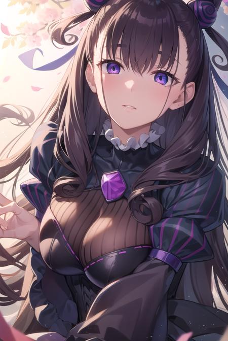 murasakishikibu, <lyco:murasakishikibu-lyco-nochekaiser:1>,
murasaki shikibu, brown hair, (purple eyes:1.1), long hair, (large breast:1.2),
BREAK black dress, dress, frilled umbrella, frills, juliet sleeves, long sleeves, puff and slash sleeves, puffy sleeves, purple gemstone, sleeves past wrists, wide sleeves, cone hair bun, double bun, hair bun, hair ornament, long hair, two side up,
BREAK looking at viewer,
BREAK outdoors,
BREAK <lyco:GoodHands-beta2:1>, (masterpiece:1.2), best quality, high resolution, unity 8k wallpaper, (illustration:0.8), (beautiful detailed eyes:1.6), extremely detailed face, perfect lighting, extremely detailed CG, (perfect hands, perfect anatomy),