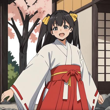 Hikaru,1girl,black brown hair,two -side up,hair ribbon,long hair,black eyes, miko,japanese clothes,ribbon-trimmed sleeves, red hakama,