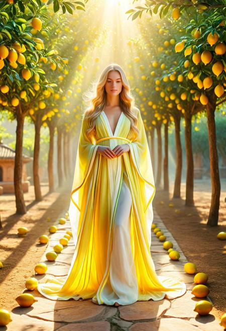 Concept: luminous, ethereal, graceful, captivating, elegant, divine, vibrant, refreshing, symbolic, beautiful.
Core Elements: wl_lemons, woman, priestess, lemons, light, sun, flowing robes, ritual, purity.
Atmosphere/Mood: serene, tranquil, mystical, harmonious, inviting, optimistic, captivating, sacred, peaceful, vibrant.
Setting Details: ancient lemon grove, sun-drenched, glowing lemon trees, altar (carved from lemon wood), scattered lemon slices, subtle mist, distant temple (blurred), soft ambient light.
Central Figure Details: young woman, serene expression, delicate features, long flowing lemon-yellow hair, elegant robes (white, pale yellow, or light green, made of translucent fabric, subtly glowing), holding a glowing lemon or a staff topped with a lemon, bare feet, a sense of inner peace and divine connection.
Lighting: soft, golden hour light, diffused, luminous, gentle highlights on skin/fabric, subtle shadows, ethereal glow, warm ambient light, zesty reflections.
Composition: medium shot, eye-level, focused on the woman, shallow depth of field, leading lines of grove, immersive view, artistic framing, portrait style.
Color Palette: dominant vibrant yellows, soft whites, pale greens, sunny oranges, subtle pinks, earthy browns. High saturation, luminous, warm, refreshing.
Quality: photorealistic, ultra detailed, intricate textures, cinematic atmosphere, visually striking, hyperrealistic, artistic, portraiture, fantastical, ethereal.