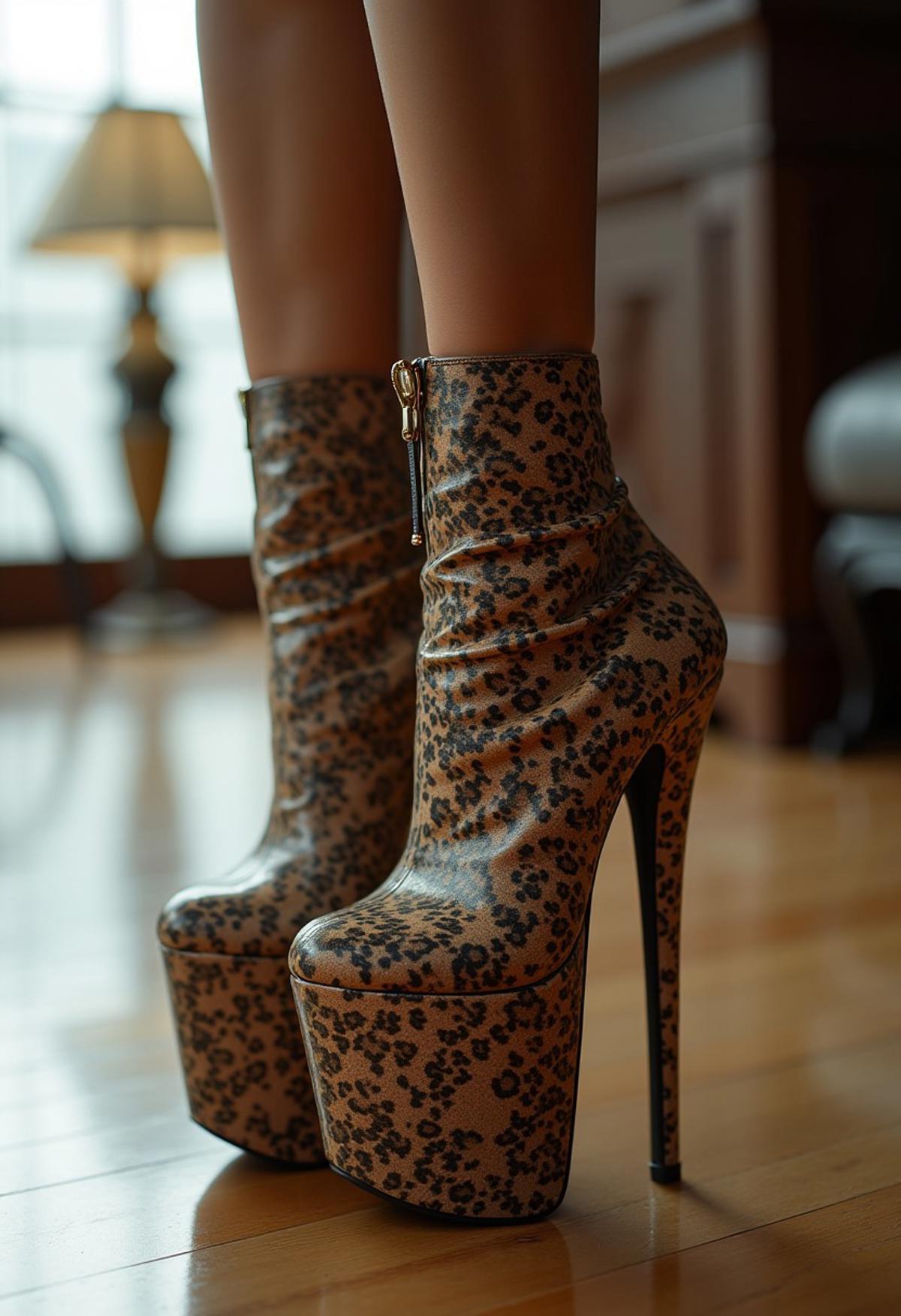 (photorealistic:1.2), Photo, (woman)
alluring Woman,  wide angle, extremely high platforms boots, thigh high boots, animal print boots close up, solo
long legs, Close up Shoes, slender legs, toned legs, 
Extremely detailed, Best quality, realistic, photography, 32K, Fetish Shoes,
Extremely High Heels, Very High Shoes