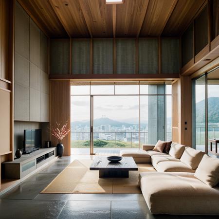 Japanese-style architecture,Living room, in the style of Tadao Ando, with a cinematic shot texture,high quality, high highres,