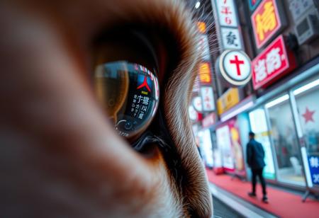 extreme close up portrait of a cat's eye reflecting the a futuristic Tokyo alleyway with neon signs and people standing talking,
