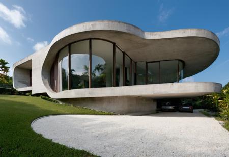 wide, wide-angle photo of the exterior of a residence in the modernist style, with imposing straight lines that extend as far as the eye can see, this residence has a minimalist and futuristic concept with a slight influence from [[niemeyer]], with raw materials such as concrete , wood, stone, and steel, this residence is a true work of art between beauty and well-being, long windows and brise-soleil, its vast tropical vegetation embraces the residence