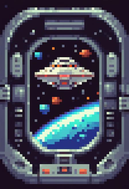 , <lora:PixelArtRedmond-Lite64:1> Pixel Art, PixArFK, space ship window with a view into space, rounded corners, space ship pov, space ship window frame, outer space, slim frame