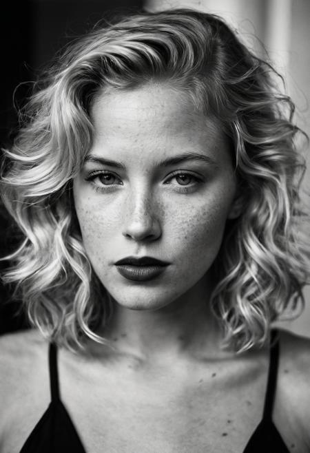 b&w (Anton Corbin photography style), (gritty, high contrast, slow shutter speed, grainy), (BW photo:1.5), (film grain:1.5), (grayscale:1.5), portrait photo of 26 y.o blonde woman, chin length wavy hair, perfect detailed light eyes, full pouty lips, lips parted, dark lips, natural skin, freckles,  hard shadows, chest up, film grain