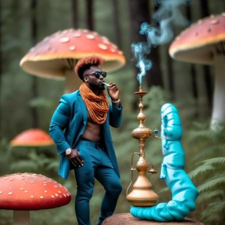 standing blue Cater01 with legs, wearing sunglasses, solo, red hair, medium dark skin, on a mushroom, smoking a hookah