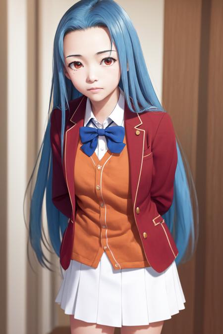 masterpiece, best quality, highres, 1girl haruka hasebe blue hair, school uniform white skirt white skirt red jacket orange vest blue bowtie <lora:haruka_hasebe:1> standing, leaning leaning forward, arms behind back, (photorealistic:1.2)