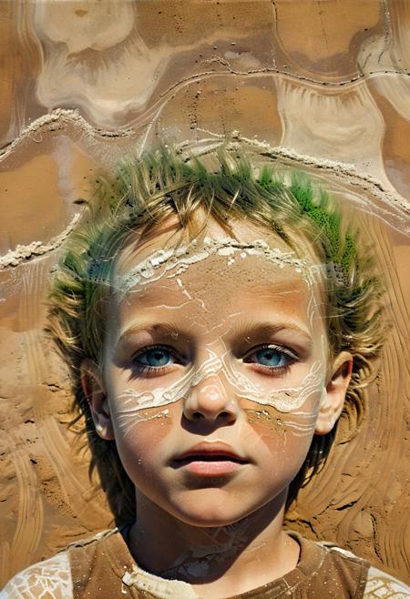 Fresco of an urban landscape made of bright sand mosaic, [child's face from the sands of time with double exposure], application of layers: wind, thunderstorm gloss, grunge style, sfumato, acid splashes in harmony with nature