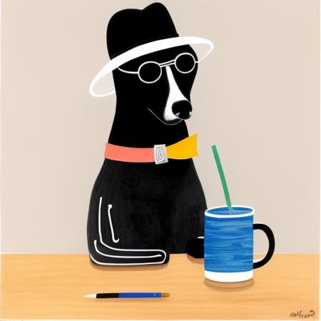 masterpiece, best quality,
painting \(medium\), illustrious,
style2,solo,simple background,
black dog,sketch,sunglasses, hat,drink,
<lora:Inset-V1.1:0.99>