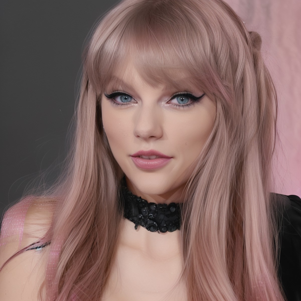 <lora:Taysway_V5-10:1> Taysway, woman, upper body, black background, studio lighting, long pink hair, mascara, looking at ...