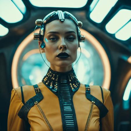a woman in a futuristic suit with a helmet on her head and a sci - fi, Android Jones, sci fi, cyberpunk art, retrofuturism,  high quality, film grain <lora:polyhedron_skinny_all:1> <lora:more_details:0.4>