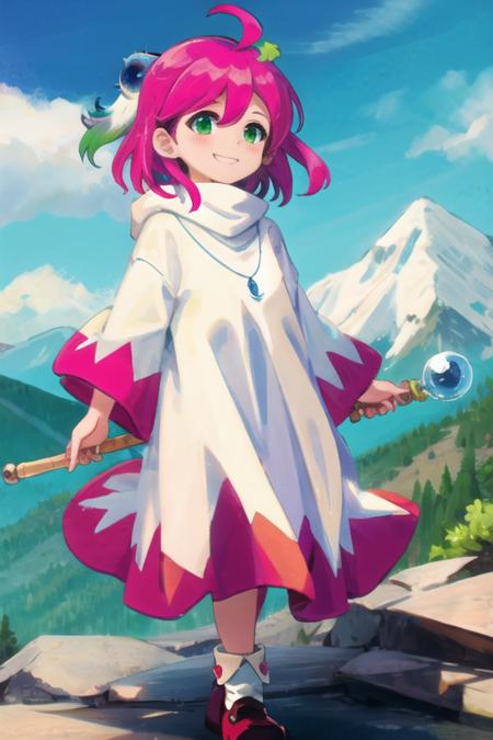 shiroma, green eyes, short hair, pink hair, ahoge, hair ornament, necklace, white dress, staff, holding staff, smile, standing, mountain <lora:shiroma:1>