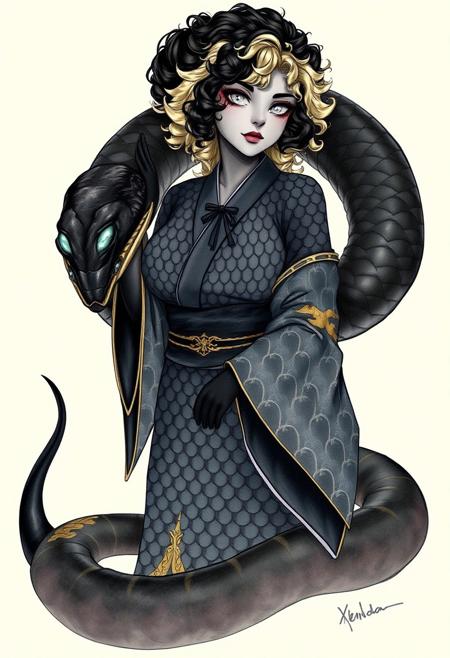 Solo, watercolor style, portrait.
1girl, XendraD: (futanari,black hair with blonde highlights, curly hair, glowing silver eyes, dark gray skin, curvaceous, voluptuous, big hips) wearing intricate black scaled kimono with gold accents black/gold gloves. 
A large onyx snake with eyes made of diamond is coiling around XendraD. She is stroking the snake with one hand. Confident expression.