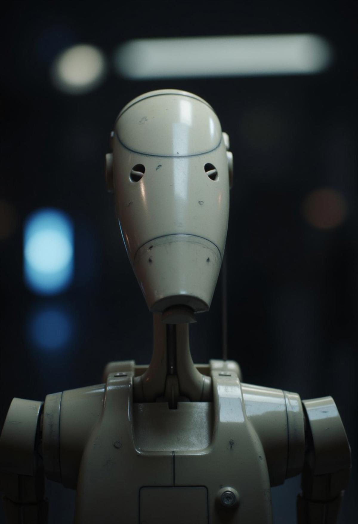 7-B1 droid, portrait, blurred background, glowing lights, dark lighting, robot, medium close up