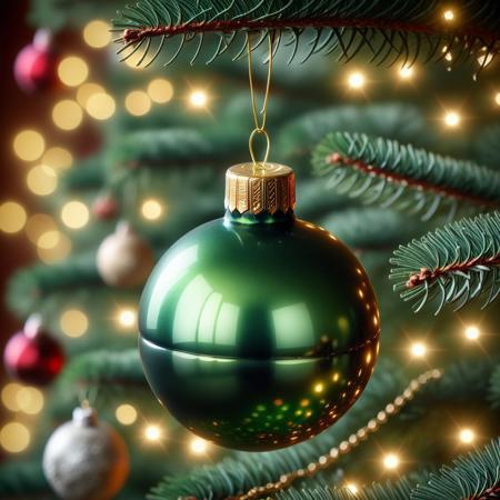 very realistic close-up photograph of a  green Christmas sphere with a Christmas bell on it hanging in a Christmas tree branch