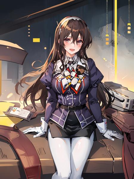 ashigara \(kancolle\), 1girl, solo, gloves, skirt, white gloves, pantyhose, black skirt, uniform, long sleeves, military uniform, pencil skirt, military, purple jacket, belt, jacket, open mouth, fang, wavy hair, breasts, white pantyhose, white hairband, sitting, puffy sleeves, neckerchief, smile, blush, juliet sleeves, shirt, large breasts, original, intricate detail, illustration, masterpiece, extremely detailed CG unity 8k wallpaper, highlight, sharpening, dynamic, <lora:Ashigara:0.8>,