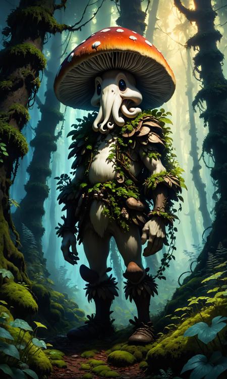 A strange creature made of mushrooms that looks like a human, covered in vines and moss. He is standing in the middle of an ancient forest with trees at dusk ; very detailed oil painting in the style of Rembrandt; 4k wallpaper, trending on artstation; unreal engine:.5; high-res, award winning masterpiece, beautiful scenery, deep colors, ultra <lora:Details:0.85>