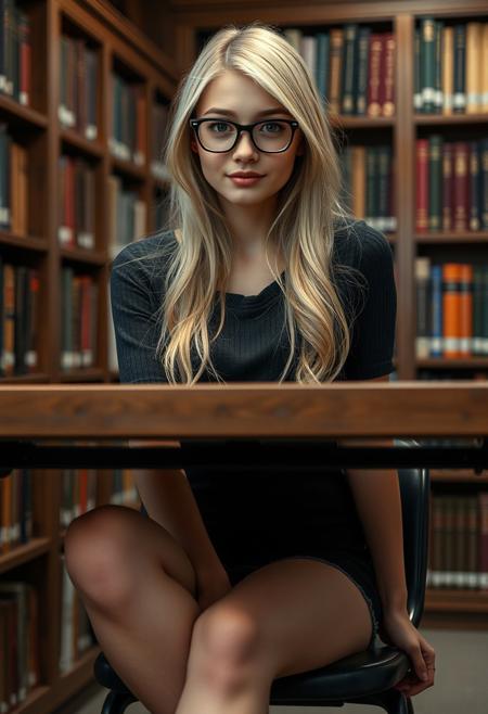 Create a highly detailed and visually stunning photograph of a beautiful 21 year old female, with a very slim and athletic build. She is beautiful, but doesn’t know it.  Shy, nerdy, librarian, She is sitting behind a library desk, Her long blonde hair is styled elegantly. She is wearing dark rimmed glasses.  She notices the viewer staring and is glancing shyly at the viewer and blushing profusely.  In view under the desk, she is wearing a short mini skirt.  Her legs are crossed.