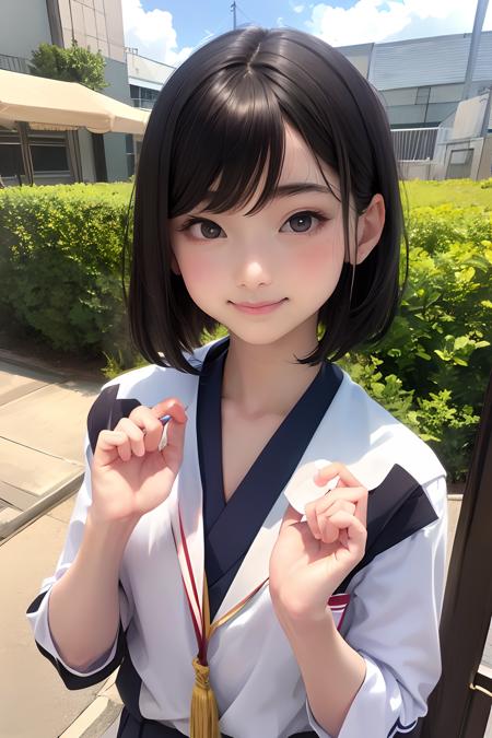 (mastepiece:1.2, Best Quality, Photo Real Stick), 1girl, NATSUMI, (japanese actress, japanese face, kawaii), short hair, dark-brown hair, black eyes,, School uniform, face close-up, face focus, looking at viewer, upper body, perfect hands, Smile lightly without opening your mouth,