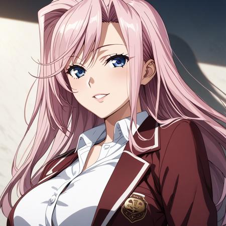 charlotte_hazelrink pink hair, long hair, blue eyes, huge breasts,  school uniform, white shirt, red jacket, black skirt, black pantyhose, brown shoes, thighhighs, cleavage, long hair, dress, gloves, elbow gloves, jewelry, white thighhighs, necklace, garter straps, tiara, white heels, 