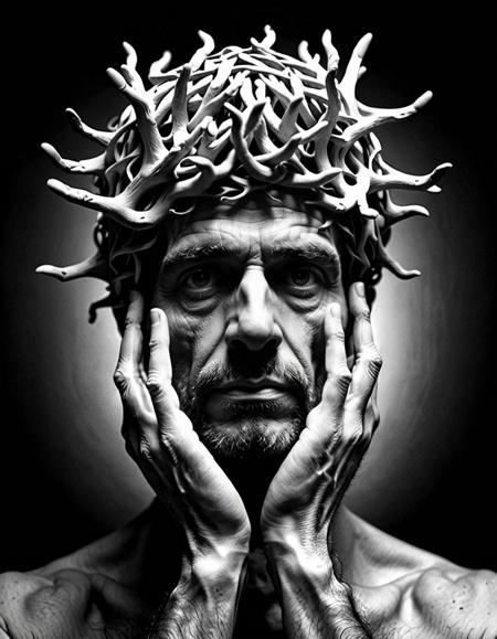 Surreal portrait, human head composed of numerous entwined fingers, rich textures evoking depth, shadowy ambiance highlighting contours, grayscale palette imbuing eerie, mysterious aura, bold "MASTERMIND" caption in stark white, font resonates with stark, enigmatic mood, visual metaphor for complexity, psychological depth, possibly hinting at introspection, intellect, creative thoughts, image strikingly contrasts organic forms with a somber, almost monolithic presence, lighting accentuates finger details, creates an interplay of light and shadow, seamless merging of fingers into head and shoulders suggest unity, an artistic blend of human anatomy with abstract concepts, alluding to themes of identity, mental processes