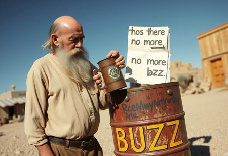 an old man with long beard bald holding a rusty metal mug with the text "BUZZ" trying to fill it from an old drum with the legend buzz on the side with a sheet stuck on top that says "there is no more buzz" in a desert town