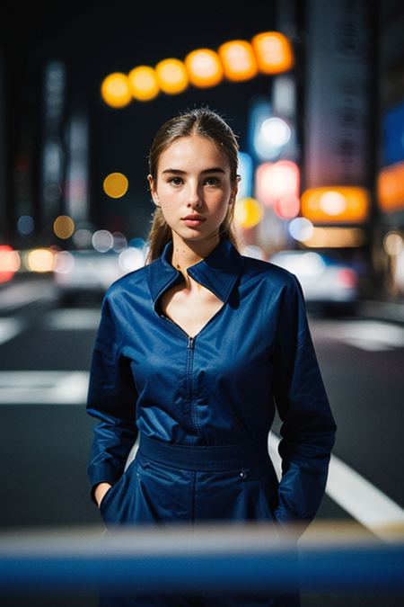 BrooksBaldwin, ((Futurism movement portrait, bustling Tokyo street at night, speed, technology, modernity, dynamic motion, blurred lights:1.3))