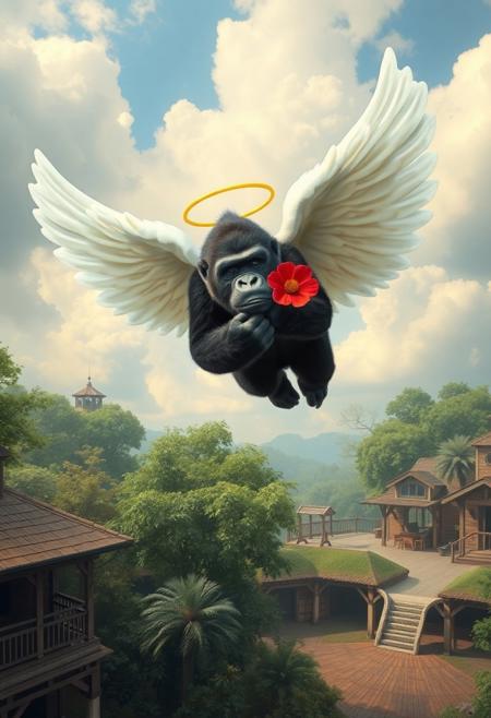 harambe the gorilla flying above a zoo with his white angel wings, a single red flower on his chest