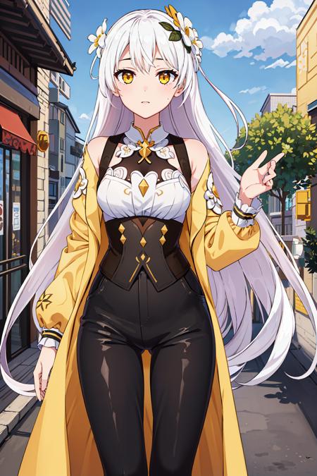 ultra high res,masterpiece,best quality,
1girl,magic girl sirin,hair flower,very long hair,yellow coat,white shirt,black pants,cowboy shot,<lora:Kiana_Magic Girl Sirin_v2:0.6>,
street,shop,cafe,sunlight,blue sky,