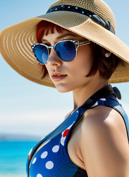 <lora:Quorra:0.76>, photo of a woman (q1) with (Blue Eyes) and red hair style, detailed face, detailed eyes, perfect body, (wearing a Retro Swimsuit with Polka Dot Patterns, Oversized Sunglasses, Sun Hat:1.2), simple background, modelshoot , photorealistic, (bokeh), (best quality) , (detailed skin texture:1.1), (intricate), 8k HDR, cinematic lighting, sharp focus, RAW, analog style, 8k, HD, DSLR, high quality, Fujifilm XT3, film grain, award winning, masterpiece