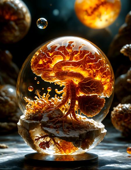 improved cinematic photo, 35mm photograph, film, professional, 4k, highly detailed, An amber fragment enclosing a Human Brain, The amber fragment is a smooth, slightly irregular sphere, roughly the size of a marble, with a warm golden-brown hue. Its surface is polished, gleaming softly under light, revealing a mesmerizing play of golden, honey, and orange tones. Tiny air bubbles and organic inclusions are scattered throughout, lending it a sense of antiquity and natural complexity. Inside, a perfectly preserved Human Brain lies suspended in time, its delicate body encased in the translucent amber. Around the Human Brain, subtle striations and minute organic fragments, possibly plant material or dust, create a vignette that frames the insect. The amberâs clarity varies in places, with some sections slightly cloudy, further accentuating the Human Brain as the focal point. The fragment feels timeless, a tiny time capsule offering a glimpse into a prehistoric world millions of years ago <lora:add-detail-xl:1.0><lora:aidmaMidjourneyV6.1-v0.1:0.9><lora:SDXLFaeTastic2400:0.8>