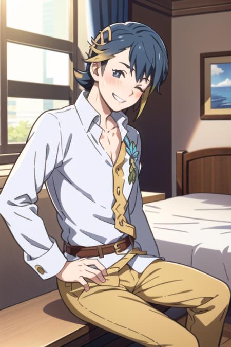 best quality, masterpeice, 1boy, alfonse \(fire emblem\), fire emblem, fire emblem heroes, blue hair, black hair, blonde hair, gradient hair, two-tone hair, short hair, hair between eyes, hair ornament, blue eyes, (facing to the side:1.3), looking at viewer, sideway glance, happy, grin, naughty face, one eye closed, blush, solo, solo focus, cowboy shot, dutch angle, collarbone, shirt, white shirt, collared shirt, partially unbuttoned, pants, (yellow pants:1.2), belt, leather belt, spread legs, indoors, bedroom, bed, sitting, leaning, window, day, simple background,