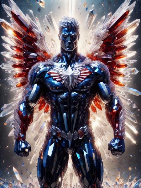 crystal superhero, sprad wings, american flag background, god rays from above, full body shot, crystalz <lora:crystalz:1>