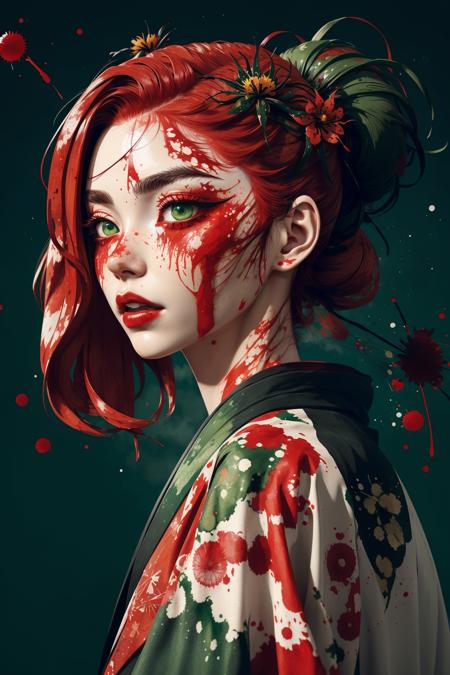 masterpiece, best quality, 1 girl, green eyes, kimono, (lycoris flower) in hair, highly detailed, high definition, red hair, (red ink, red paint splatter), (green ink, green paint splatter), (black ink, black paint splatter), watercolor, vibrant colors