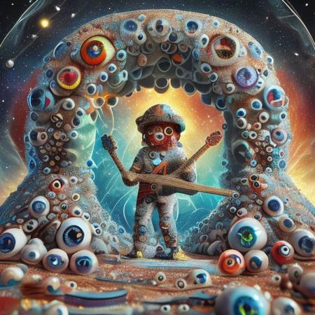 Eyeball Everything dust in the wind,  rainbow marble made of lava crystals, (((,masterpiece, guitar amazing quality, best quality,ultra-detailed,8K,illustration, amazing quality, newest, guitar realistic))), vivid colors,  Earth, Crystal earth, , liquid crystals,  highly detailed, highly-detailed, best quality, masterpiece, very aesthetic, detailed, field of depth, rainbow planets, crystals, melting, liquid crystals, space portal wormhole, guitar