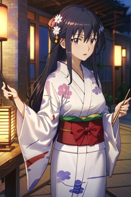 best quality, masterpiece, highres, solo, {yukata:1.40}, {kimono:1.20}, {amakusa_shino_seitokaiyakuindomo:1.15}, long_hair, black_hair, brown_eyes, bow