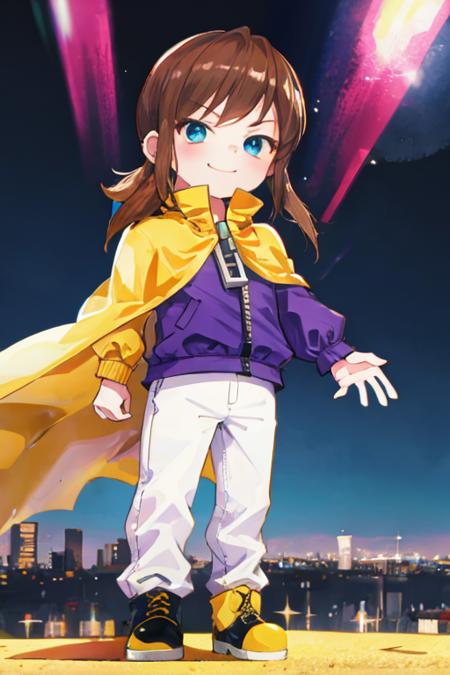 hatkid, child, brown hair, medium hair, blue eyes,  yellow cape, purple jacket, zipper, white pants, boots, smug, standing, city <lora:hatkid:1>