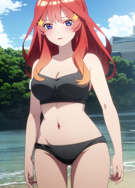 1 girl, itski, itsuki nakano, tall, adult, mature, season2, red hair, long hair, star hair ornament, black bra, black panties, nsfw, lewd, sexy attire, revealing clothes, looking at viewer, beach background, sky, anime screencap, anime coloring, very colorful, 8k masterpiece, blue eyes, standing, (waifu, anime, exceptional, best aesthetic, new, newest, best quality, masterpiece, extremely detailed:1.2),, masterpiece, best quality,<lora:Quints-50:1>