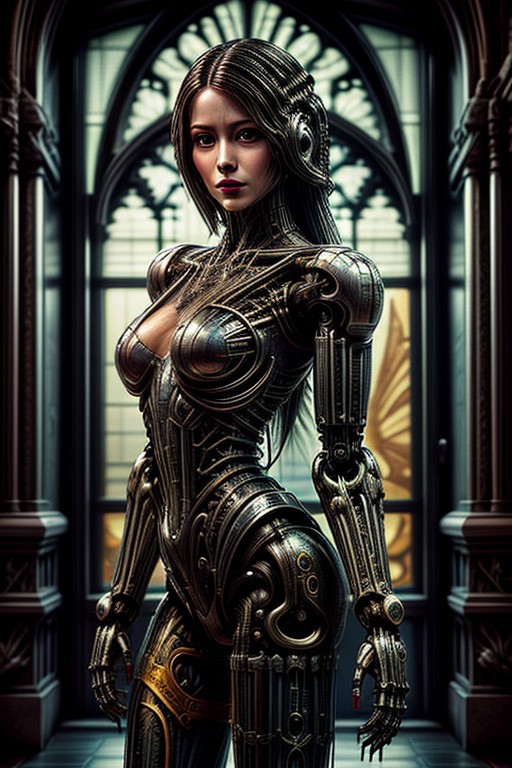 A humanoid AI represented in Art Nouveau style, with intricate, flowing lines and decorative patterns. She has a serene expression, her hair a cascade of metallic threads intertwined with floral motifs. Her body is partly robotic, with gold and pearl accents, seamlessly blending with organic forms. The background is a stained-glass-style design, featuring celestial and floral imagery. Art style: detailed, ornamental, and vintage-inspired."