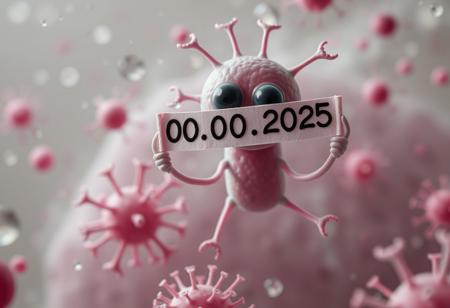 Microscopic view, bacteria is holding a banner that says "00.00.2025  :00:00" ,(((without eyes)))