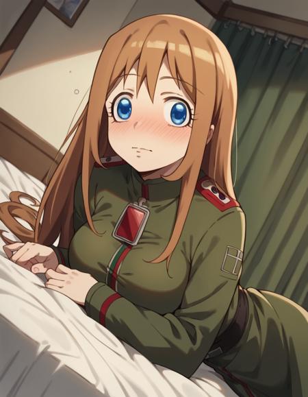 <lora:viktoria-ivanovna-serebryakov-anime-ponyxl-lora-nochekaiser:1>, viktoria ivanovna serebryakov, long hair, blue eyes, brown hair, large breasts, uniform, military, military uniform,