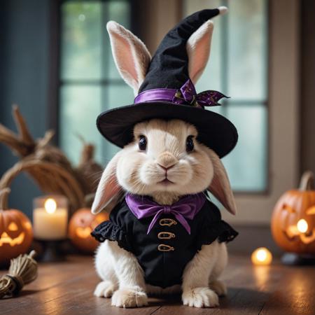 cinematic film still a bunny wearing a witch  outfit ,  cute and adorable,  . shallow depth of field, vignette, highly detailed, high budget, bokeh, cinemascope, moody, epic, gorgeous, film grain, grainy