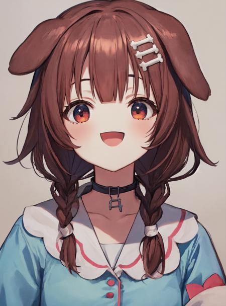 (best quality), 1girl, :D, confused, head tilt, inugami korone, brown hair, dog ears