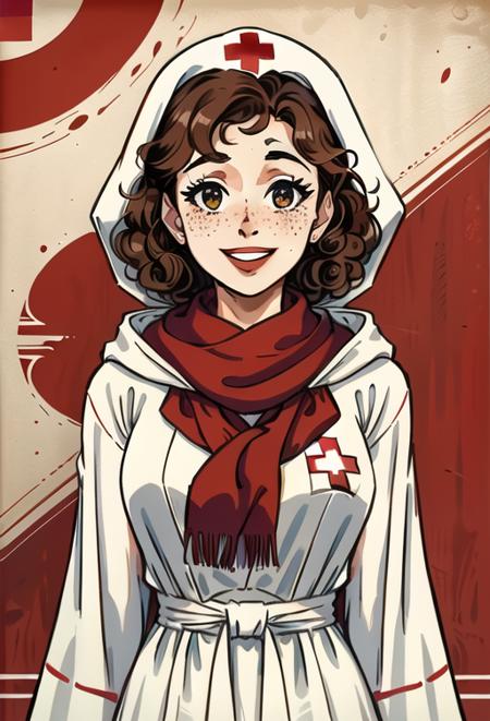 best quality, masterpiece, a sfw upper body picture of a girl with ((freckles)) and curly brown hair wearing a white robe with a large hood with a red cross on it and a white scarf, <lora:Amy:0.3>, overjoyed smile, 1950s poster