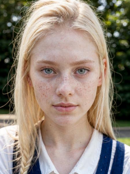 portrait of a pale 19 year old blonde model named Lucy with bright eyes, schoolgirl outfit, no makeup, natural, freckles, beauty spots, submissive expression, hard shadows, soft lighting, sharp focus, skin details