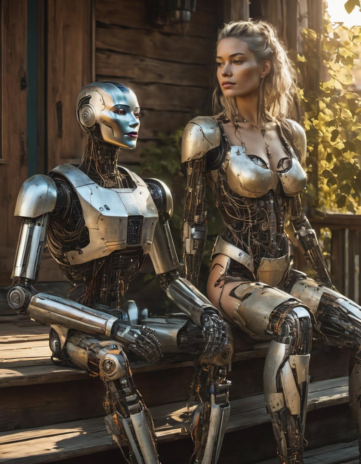 A robotic woman and a cyborg woman sitting together.