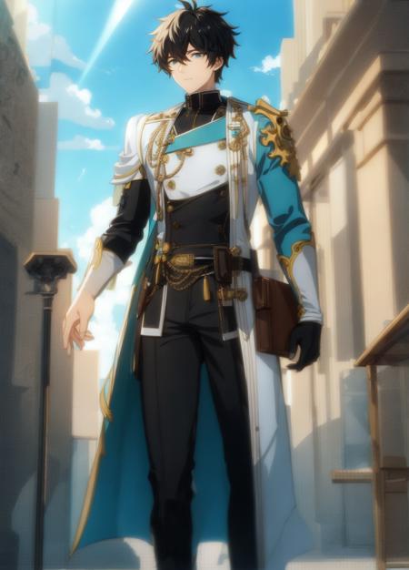 best quality, masterpiece, highres, male focus, 1boy, solo, bara, black hair, danheng, green eyes, looking at viewer, detailed face, highly detailed, bishounen, beautiful, beautiful lighting, blush, bulge, god rays, light rays,  standing, street,  depth of field, stone, high collar, white and turqoise coat, sunlight, day, blue sky, coffee shop, flowers, turquoise shoulder pad, thigh strap, black shoes, maple leaf, maple leaves, (Eachcolorblockisclearlydistinguished:1.1),   <lora:danheng:0.6>